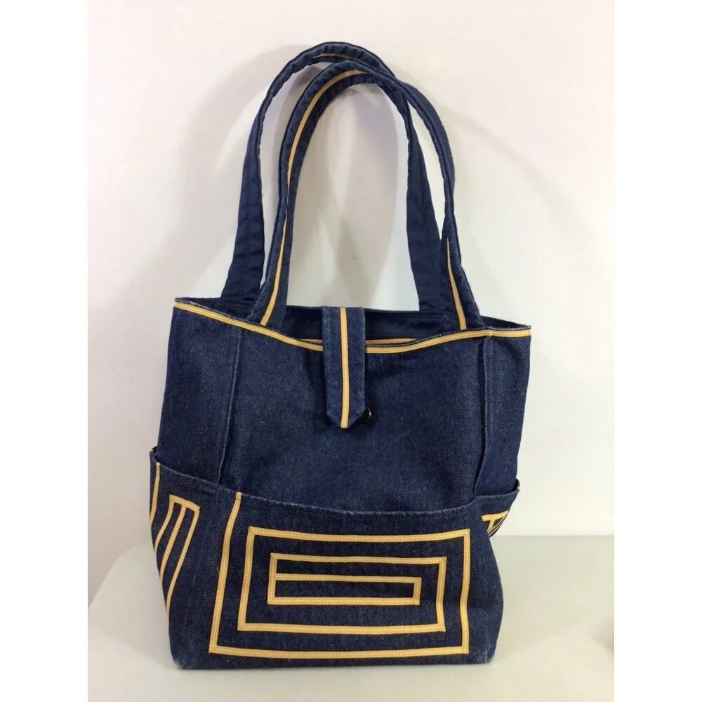 Large Vintage Denim Tote Bag Blue Jean Shoulder Carryall Handbag